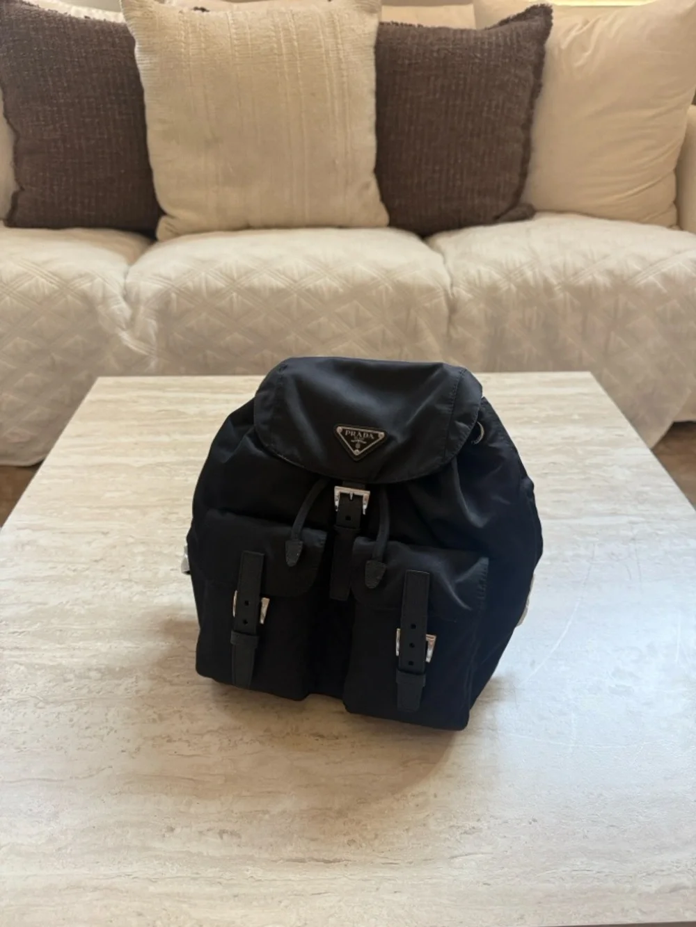 Prada Black Nylon Backpack with Front Buckle Pockets